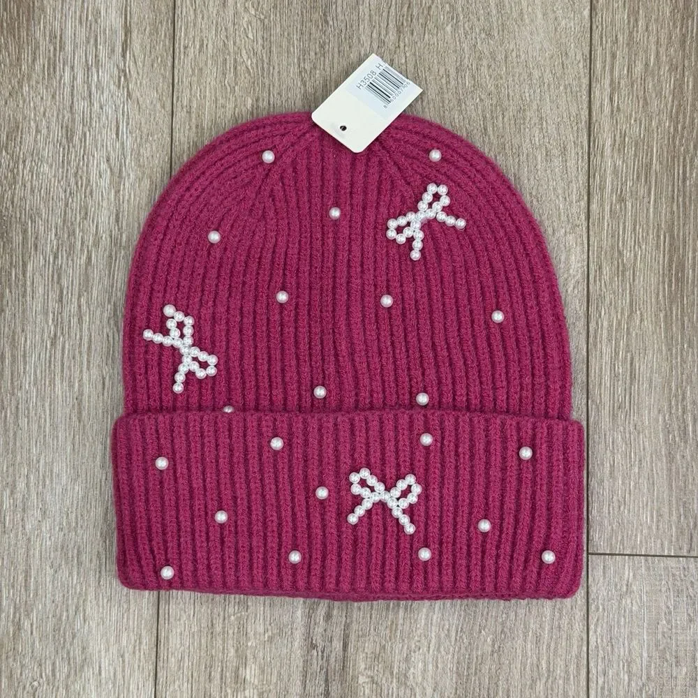 NWT Pearl Bow Charm Beanie Hat Fuchsia Hot Pink One Size for Women